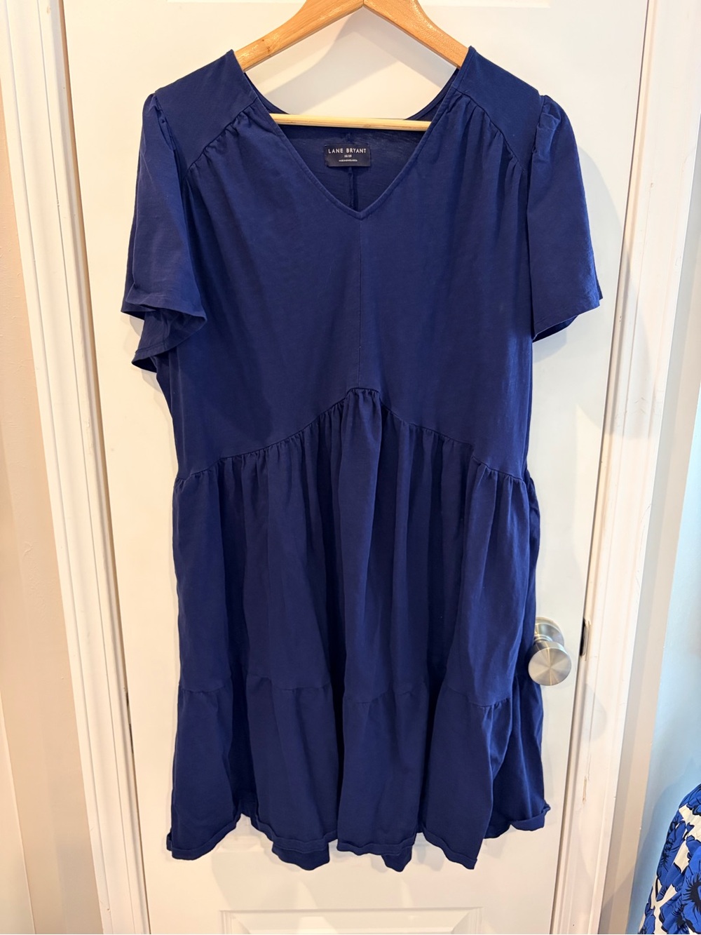 Lane Bryant Navy Blue V-Neck Tiered Short Sleeve Dress